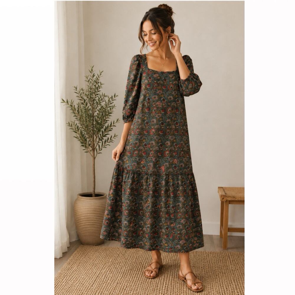 Cherubina Spain Cotton maxi dress Block Print Green Floral XS Romantic Prairie